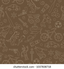 Seamless pattern on the theme of childhood and toys, toys for boys, beige outline on a brown background