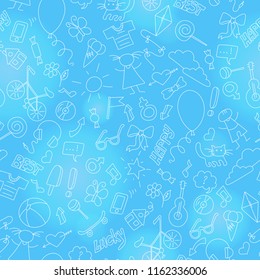 Seamless pattern on the theme of childhood, fun and friendship, a simple hand-drawn icons, light  outline on a blue  background