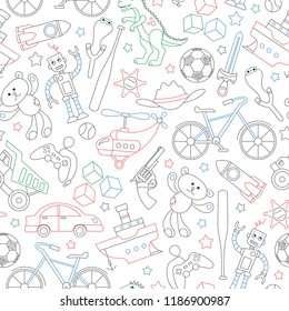 Seamless pattern on the theme of childhood and toys, toys for boys, colored outlines icons on white background