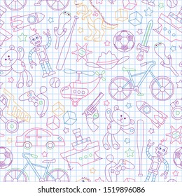 Seamless pattern on the theme of childhood and toys, toys for boys, colored outlines icons on contour  icons on the clean writing-book sheet in a cage