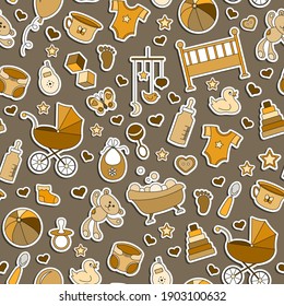 Seamless pattern on the theme of childhood and newborn babies, baby accessories and toys, simple stickers icons on brown  background, monochrome,Sepia