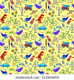 Patrón sin inconvenientes sobre el tema de la infancia y los juguetes, juguetes para los niños, iconos de color sobre un fondo amarillo
