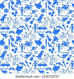 Seamless pattern on the theme of childhood and toys, toys for boys, blue silhouettes icons on a white  background 