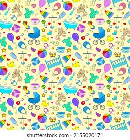 Seamless pattern on the theme of childhood and newborn babies, baby accessories, accessories and toys, simple color icons on yellow background