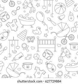 Seamless pattern on the theme of childhood and newborn babies, baby accessories and toys, simple contour icons, black contour on white background
