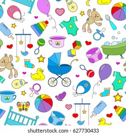 Seamless pattern on the theme of childhood and newborn babies, baby accessories, accessories and toys, simple color icons on white background