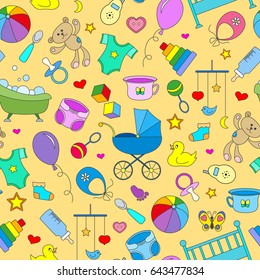 Seamless pattern on the theme of childhood and newborn babies, baby accessories, accessories and toys, simple color icons on yellow background