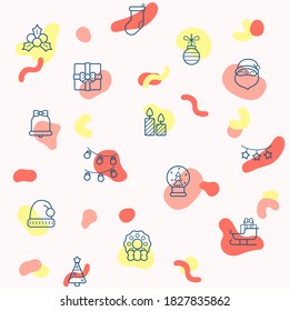 Seamless pattern on the theme of Christmas, holiday, winter, celebration, tree, snow, x-mas, ornament, Santa Claus and more. simple color icons on pink background.