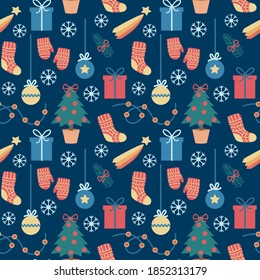 Seamless pattern on the theme of Christmas and new year. Holiday symbols, tree, gifts, snowflakes and lights. 