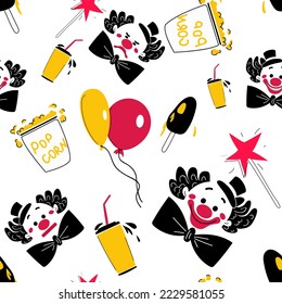 Seamless pattern on the theme of the circus. A pattern of a clown's head, ice cream, balloons, a magic wand, popcorn. The illustration is in yellow, black, red and white colors. Vector illustration