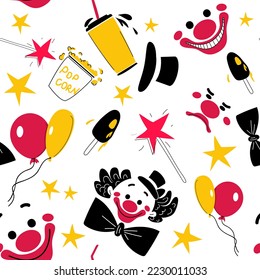 Seamless pattern on the theme of the circus. A pattern of a clown's head, ice cream, balloons, a magic wand, popcorn. The illustration is in yellow, black, red and white colors. Vector illustration