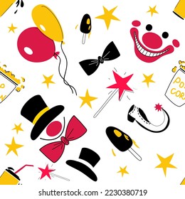 Seamless pattern on the theme of the circus. A pattern of a clown's head, ice cream, balloons, a magic wand, popcorn. The illustration is in yellow, black, red and white colors. Vector illustration