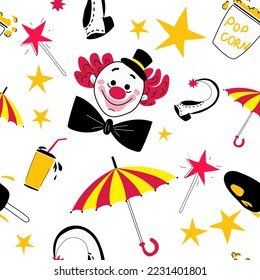 Seamless pattern on the theme of the circus. The head of a clown, ice cream, an umbrella, a magic wand, popcorn, a shoe and stars are drawn. The illustration is made in yellow, black, red and white
