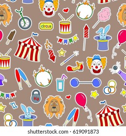 Seamless pattern on the theme of circus, simple colored icons patches on a brown background