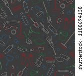 Seamless pattern on the theme of cleaning and household equipment and cleaning products, simple colored chalks on the dark school Board