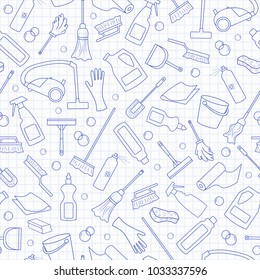 Seamless pattern on the theme of cleaning and household equipment and cleaning products, blue  contour  icons on the clean writing-book sheet in a cage