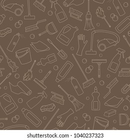 Seamless pattern on the theme of cleaning and household equipment and cleaning products, beige outline on a brown background