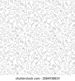  Seamless pattern on the theme of cleaning and household equipment and cleaning products, dark outline on a white background