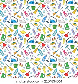 Seamless pattern on the theme of cleaning and household equipment and cleaning products,color icons on white background