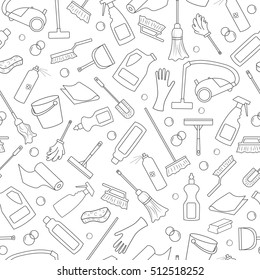 Seamless pattern on the theme of cleaning and household equipment and cleaning products, dark outline on a white background