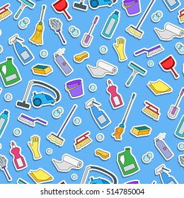 Seamless pattern on the theme of cleaning and household equipment and cleaning products,color icons on  blue background