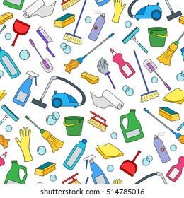 Seamless pattern on the theme of cleaning and household equipment and cleaning products,color icons on white background