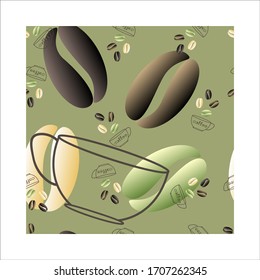 
seamless pattern on the theme of coffee beans coffee cups on olive green background