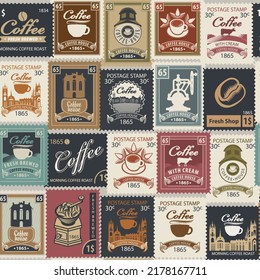 Seamless pattern on the theme of coffee and coffee house with various postage stamps in retro style. Repeating vector background. Suitable for wallpaper, wrapping paper, fabric, package.