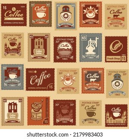 Seamless pattern on the theme of coffee and coffee house with old postage stamps. Suitable for wallpaper, wrapping paper, fabric, packaging. Repeating vector background in retro style