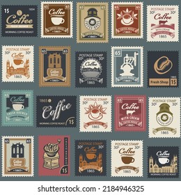 Seamless pattern on the theme of coffee and coffee house with postage stamps on a grey backdrop. Repeating vector background in retro style. Suitable for wallpaper, wrapping paper, fabric, package