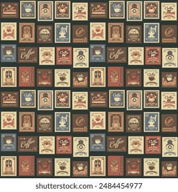 Seamless pattern on the theme of coffee and coffee house. Repeating vector background with various postage stamps in retro style. Suitable for wallpaper, wrapping paper, fabric, package.