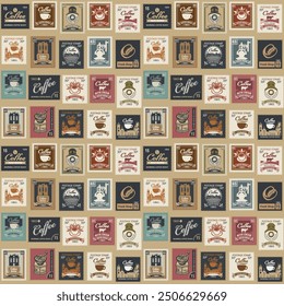 Seamless pattern on the theme of coffee and coffee house. Repeating vector background with various postage stamps in retro style. Suitable for wallpaper, wrapping paper, fabric, package.