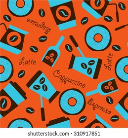 Seamless pattern on the theme of coffee. Vector isolated objects. Coffee, cappuccino, espresso, latte