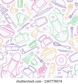 Seamless pattern on the theme of cooking and kitchen utensils, simple contour icons, painted with colored markers  on the clean writing-book sheet in a cage