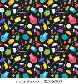 Seamless pattern on the theme of cooking and kitchen utensils, simple painted icons on dark background