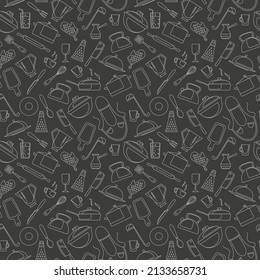 Seamless pattern on the theme of cooking and kitchen utensils, simple contour icons, light contour on a dark background