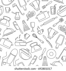 Seamless pattern on the theme of cooking and kitchen utensils, simple contour icons, black contour on white background