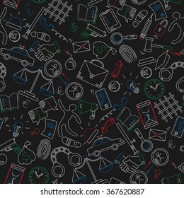 Seamless pattern on the theme of crime and punishment, a colored marker on dark background