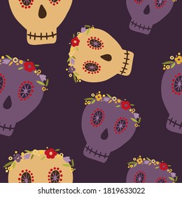 Seamless pattern on the theme of The day of the Dead on October 1-2. Decorated with a Dead symbol in Mexico. Day of the dead Mexico cartoon icon.