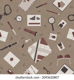 Seamless pattern on the theme of a detective investigation. The detective's accessories, a magnifying glass, handcuffs, a book, and a compass are scattered on the table. Flat vector illustration.