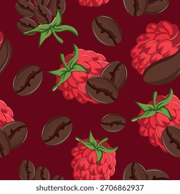 seamless pattern on the theme of different coffee flavors, namely a combination of coffee and ripe pink raspberry fruits with a green tail on a pink background