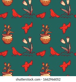 A seamless pattern on the theme of early spring. Birds, flowers. Design for packaging, wallpaper, textile eco direction. Linear graphic image. Style hand draw. Vector illustration.