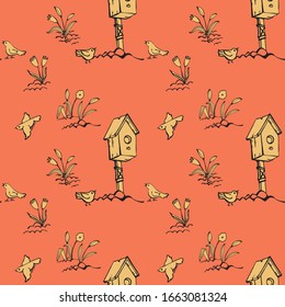 A seamless pattern on the theme of early spring. Birdhouse, birds, flowers. Design for packaging, wallpaper, textile eco direction. Linear graphic image. Style hand draw. Vector illustration.