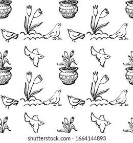 A seamless pattern on the theme of early spring. Birds, flowers. Design for packaging, wallpaper, textile eco direction. Linear graphic image. Style hand draw. Vector illustration.