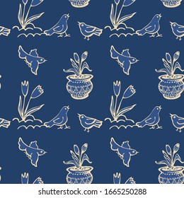 A seamless pattern on the theme of early spring. Birds, flowers. Linear graphic image. Style hand draw. Vector illustration.