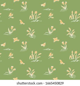 A seamless pattern on the theme of early spring. Birds, flowers. Design for packaging, wallpaper, textile eco direction. Linear graphic image. Style hand draw. Vector illustration.