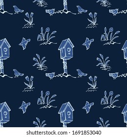 A seamless pattern on the theme of early spring. Birdhouse, birds, flowers. Design for packaging, wallpaper, textile eco direction. Linear graphic image. Style hand draw. Vector illustration.