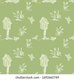 A seamless pattern on the theme of early spring. Birdhouse, birds, flowers. Design for packaging, wallpaper, textile eco direction. Linear graphic image. Style hand draw. Vector illustration.