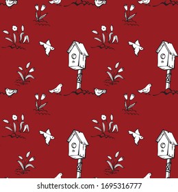 A seamless pattern on the theme of early spring. Birdhouse, birds, flowers. Design for packaging, wallpaper, textile eco direction. Linear graphic image. Style hand draw. Vector illustration.