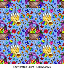 Seamless pattern on the theme of the Easter holiday , baskets, cakes, eggs and flowers on a blue background